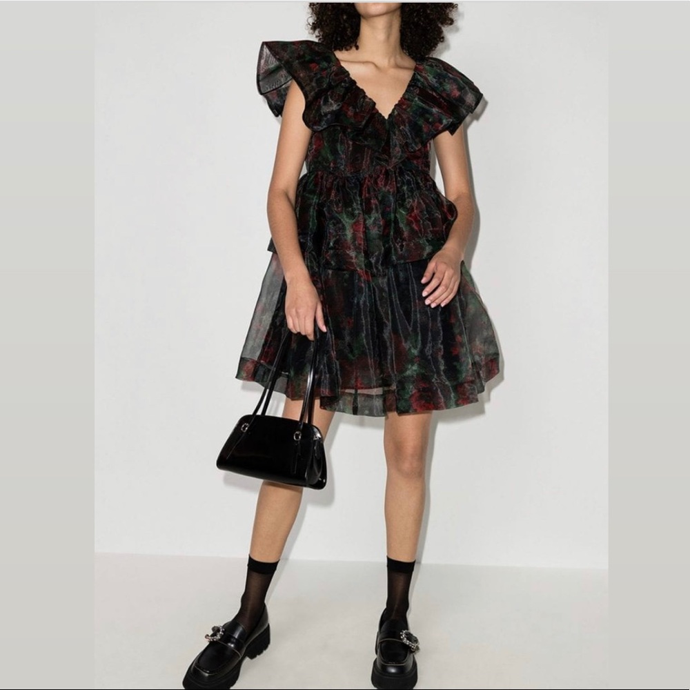 New Ganni black floral organza mini dress size 32 XS